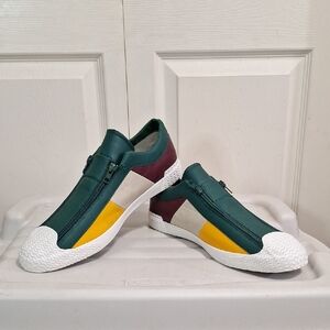NWOT Casual Faux Leather Zip-Up Flat Sneakers - Green Colorblock - 11 ½ / EU 46